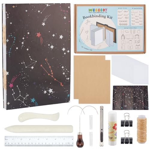 WEBEEDY DIY Französische Stich Buchbindeset Handgemachte Notizbücher Für Anfänger DIY Mond Stern Journal Set Tagebuchbedarf Personalisiertes Journal Skizzenbuch 15X21cm(A5) übersetzt Ins Deutsche