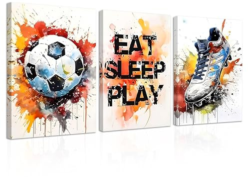 YunBey 3er Set Aquarell Fußball Poster, mit Rahmen | Sport Wandbilder, 30x40 cm, für Kinderzimmer, Jugendzimmer & Wohnzimmer, hochwertiger Druck, wasserfeste Aquarell-Optik
