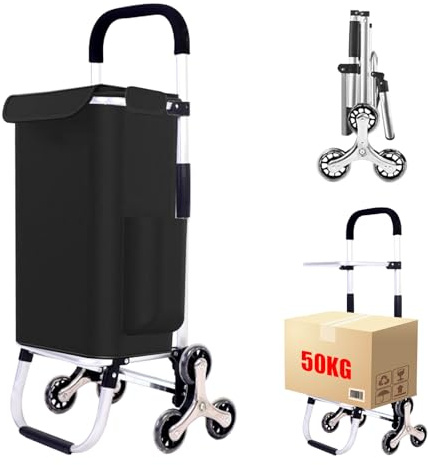 Einkaufstrolley Klappbar, 2 in1 Trolley zum Einkaufen, bis 50 kg, 56 l Kiste | Einkaufstasche mit 6 Rollen | Klappbarer Shopper | Klappbar Tasche abnehmbar | Einkaufsroller, Handwagen | Schwarz
