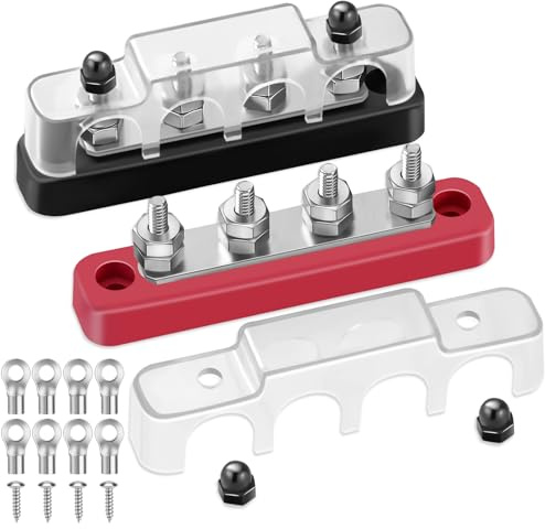 Bus Bar 12V - 48V Power Distribution Block Max 150A AC/200A DC Terminal Block with Cover 4 x M5 Posts for Cars RVs Ships Yachts -Negative+Positive (Pair - Red & Black)