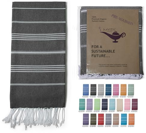 Mystic Imports Turkish Beach Towel 100% Organic Cotton Extra Large Oversized (39 x 71 Inches) Quick Dry Sand Free Light Weight Prewashed for Bath Beach Gym Yoga Travel Towel Blanket (Charcoal)