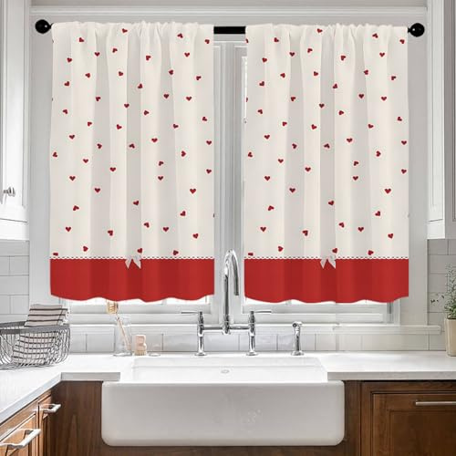 Highdi Tende Cucina con Sacchetto, 2 Pezzi Tendine Cucina Tendina Sottolavello, 3D Motivi Tende per Finestre Piccole per Soggiorno, Casa in Stile Rustico (Cuore,W80xL100cm)