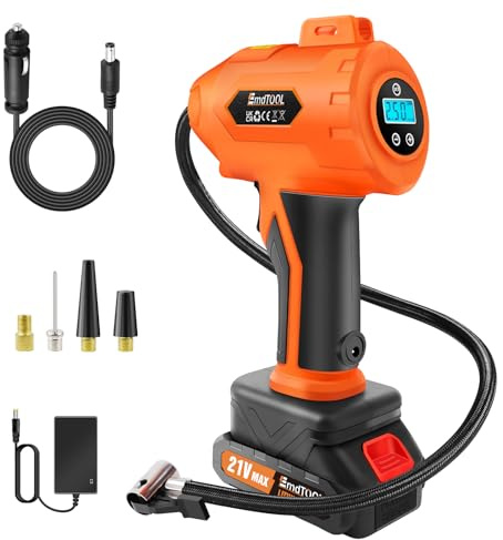 Compressore d'aria a batteria 180 PSI - Pompa per pneumatici portatile con batteria ricaricabile da 21 V e adattatore per auto DC da 12 V DC, compressore d'aria digitale per auto, moto, bici e palline