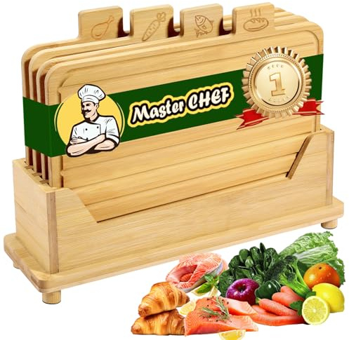 SENNOR Extra Thick 1.5 cm Bamboo Chopping Board Set of 4 with Storage Stand – Chopping Boards with Food Icons & Juice Grooves – Hygienic Design for Meat, Fish, Bread & Vegetables