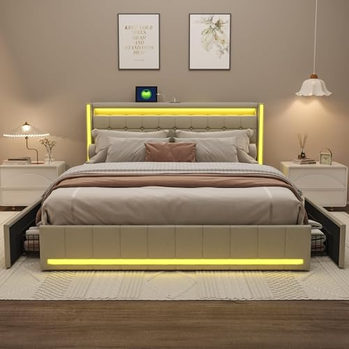 WSOFZMO Doppel Bett 180x200 mit Lattenrost, Polsterbett Doppelbett 140x200 mit Stauraum, Boxspringbett, Jugendbett, Betten mit 4 Schubladen, LED, USB und Type-c, Leinen, ohne Matratze