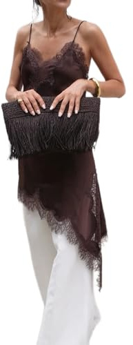Feclmiyt Femmes Y2k Débardeur en Satin avec Liseré en Dentelle, Manches Spaghetti, Découpe Asymétrique, Fente Latérale, Top de Soirée en Soie, Robe Débardeur en Dentelle, A-3, M