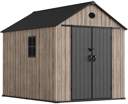 Hoggar – Caseta de Resina Jardín 6,41m2 Oak O60 - Suelo Incluido – Ventana Lateral – Aspecto Madera Premium - Doble Puerta Amplia – Protección UV e Impermeable – Cierre con Pasador – Respiraderos