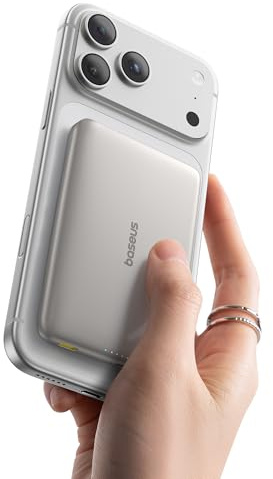 Baseus Picogo AM41 Power Bank, 10000mAh Qi2 Magsafe Powerbank 15W Wireless, Ultra Slim, PD 27W Schnellladung, Magnetische Externe Batterie für iPhone 17/16/15/14/13/12, Titanium