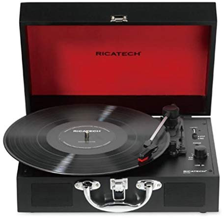 Ricatech RTT25 Tocadiscos, Reproductor de Discos portátil liviano con Altavoces, Line-In,Salida RCA, Bluetooth, codificación, Reproductor de MP3. Reproductor de Vinilo Estilo Maleta Exclusivo, Negro