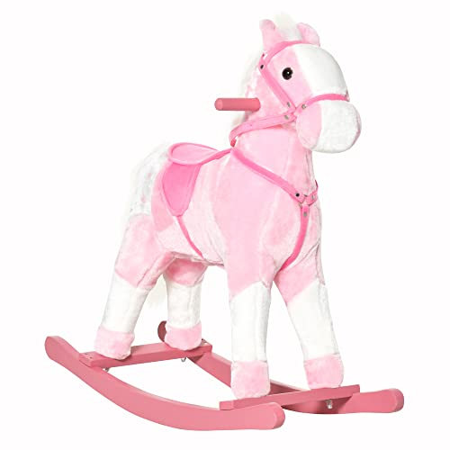 HOMCOM Caballito Balancín Bebé Balancín Peluche Caballo Madera para Niños +3 Años con Sonidos 74x28x65cm