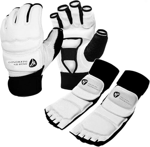 Taekwondo Sparring Gear Gloves Hand and Foot Protectors White Protective Guards Set for Boxing Kickboxing Fit Adult Men Women Kids Training (White,Large)