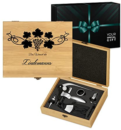 Maverton Weinöffner-Set personalisiert Weinset Sommelier Set - Geschenkbox Holzbox + 6er Weinzubehörset - aus Bambus - Braun - Geschenk Hochzeit Hochzeitstag Paar - Weihnachtsgeschenke - Weintraube