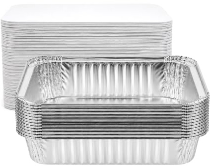 VIRSUS 100 Vaschette in Alluminio Rettangolari Argentate contenitori per Alimenti USA e Getta, perfette per teglie in Alluminio per Takeaway + 100 coperchi (4 Porzioni R29L)