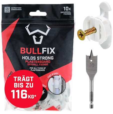 Bullfix Universal Plasterboard Fixings Heavy Duty Starter 10 Pack, Drywall Anchor, Plasterboard Wall Plug Alternative for Dot & Dab, Stud & Hollow Cavity Wall Anchor Kit with Screws
