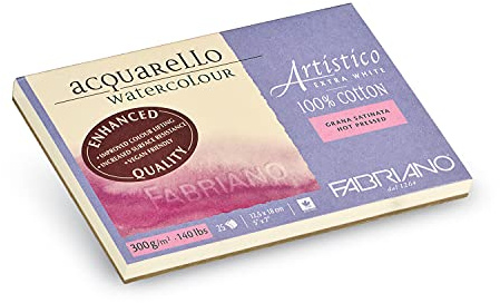 Fabriano Artistico Acquarello Acquarello Watercolour, extra bianco, satinato, pressato a caldo, 12,5 x 18 cm, 25 fogli da 300 g/m², carta acquerello di alta qualità, blocco 4 lati, vegano