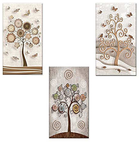 Lupia - Set 3 Quadri su Tela Canvas Day Tree 38x75 cm Albero della Vita, Stampa Vivida, Pronto da Appendere, Decorazione per Soggiorno, Capezzale Testiera Camera da Letto, Cucina, Ufficio