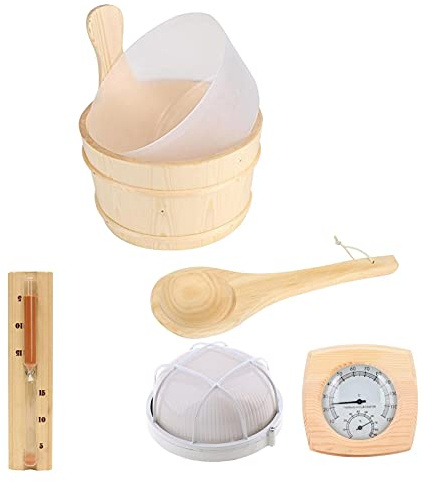 fdsfd Juego de cubo de sauna de madera de 5 piezas Set de barril de sauna 1 barril de madera 1 cuchara de madera 1 reloj de arena 1 termómetro 1 pantalla a prueba de explosiones baño esencial