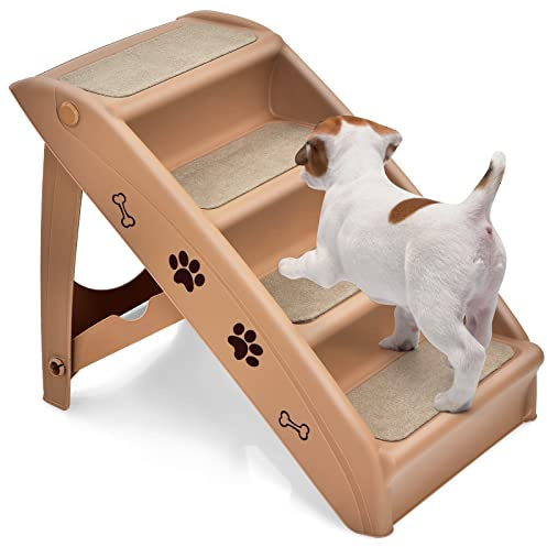 GYMAX Scaletta Pieghevole per Animali Domestici, Scaletta a 4 Gradini per Gatti e Cani in Plastica con Rivestimento Antiscivolo, Facile da Salire e Scendere, Carico di 60 kg, 62 x 38 x 50 cm (Marrone)