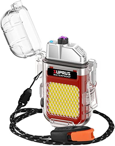 SUPRUS Accendino impermeabile 3 modalità, torcia antivento, doppio arco, accendino elettrico ricaricabile, Dual Arc al plasma con fischietto di emergenza e cordino