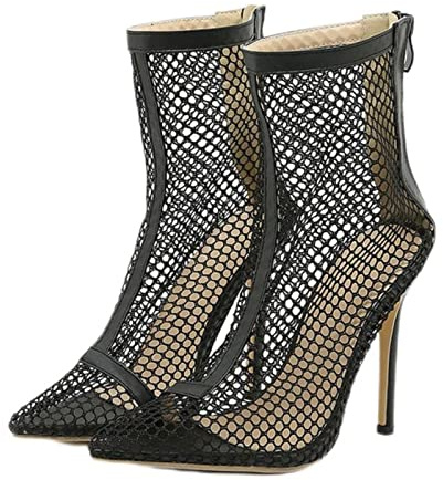 Nero Mesh Hollow Estate Caviglia Stivali Sandali Donna Moda Punta A Punta Cerniera Stiletto Scarpe Da Ballo, Nero, 37