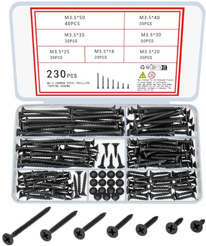 wugongshan 230 Stk M3,5 selbstschneidenden Holzschrauben, schwarze selbstbohrende Blechschrauben, Kohlenstoffstahl Senkkopf Flachrundkopf Kreuzschlitzschrauben für DIY Holzbearbeitung Metallschrauben