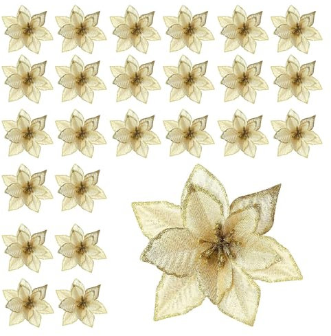 GEERDAN 24 Pièces Fleur de Noël, Fleurs de Poinsettia Glitter de Noël, Fleur de Noël Artificielle, Ornements de Décoration de Noël (Or)