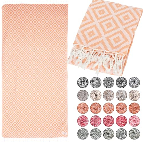 Lukkum® Oeko-TEX® Viereck Muster Leo Pestemal Strandtuch Saunatuch Badetuch Hamamtuch Groß Baumwolle Duschtuch Handtuch Fouta Yoga Decke Sporttuch Sarong Lachsfarbe (Peach Fuzz, Geometric 185 x 90cm)