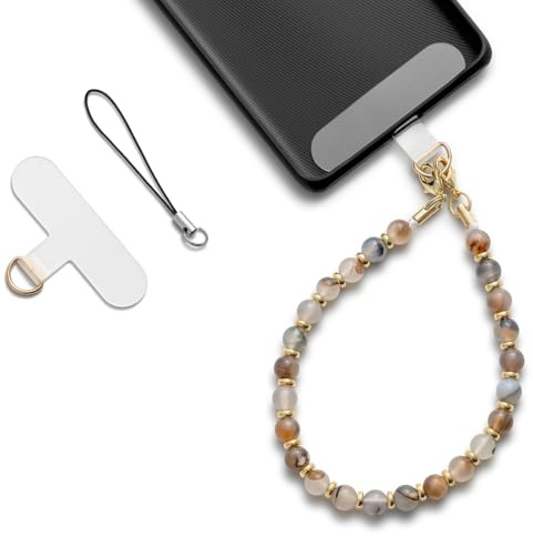 MORSUNBELA Handykette Perlen Handschlaufe Handgelenk Handy Anhänger Grau | 30,5 cm Perlenkette mit Patch, kompatibel mit Hartschalen-Handyhüllen, als Handy Charm oder Schlüsselband