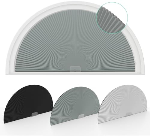 Changshade Tende oscuranti per finestre ad arco, mezza luna (radio: 61 cm), oscuranti, plissettate, semicerchio, senza trapano, per finestre, facili da tagliare e installare