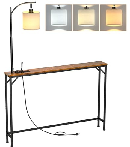 keomaisyto Skinny Sofa Table with Outlet & 3-Color Light, Console Table