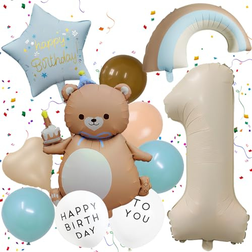 11er Set Bär Luftballons, Geburtstagsdeko 1 Jahr Junge Mädchen | Bär Folienballons, mit Zahl 1, Regenbogen, Herzen, Sterne, Latexballons, Erster Bärenballon, für Kindergeburtstag, Babyparty