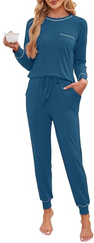 Namatime Pigiama da donna lungo in cotone, set completo di biancheria da notte, maglietta a maniche lunghe e pantaloni con tasche, Blu pavone, M