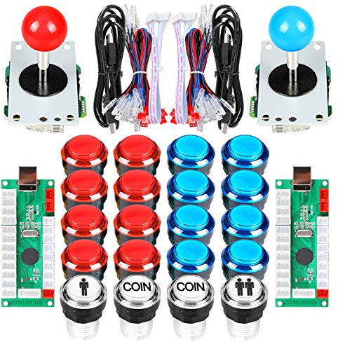 EG STARTS USB Arcade DIY Kit Partie 2x 8 Way Joystick + 16x LED Bouton-poussoir lumineux + 2 joueurs + boutons de pièce pour Raspberry Pi 3B Modèle Projet DIY Rouge & Bleu