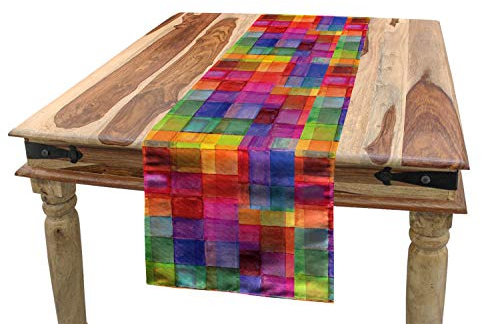 ABAKUHAUS Abstrakt Tischläufer, Regenbogen-Farben-Quadrate, Esszimmer Küche Rechteckiger Dekorativer Tischläufer, 40 x 180 cm, Rot Rosa
