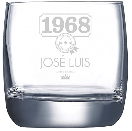 Calledelregalo Vaso de whisky grabado con su nombre y año de nacimiento. Vaso de cristal de 31 cl con estuche regalo.