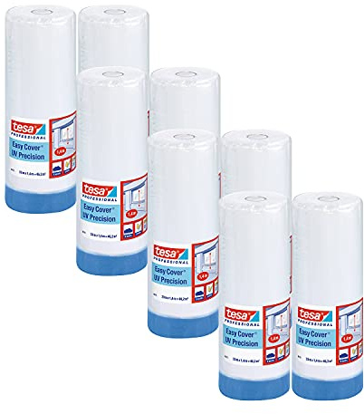tesa Easy Cover 4411 UV Präzision - 8er Pack - Malerfolie mit Malerkrepp zum Abkleben und Abdecken - 2-in-1 Malerband mit Folie - weiß-transparent - je 33 m x 1,4 m