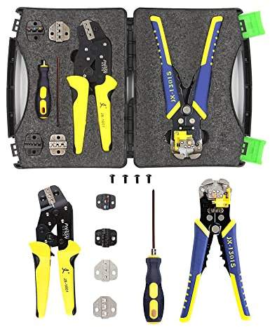 Crimpadora Terminales Alicates y Alicate Pelacables,Geevorks Kit de Alicates para Crimpadora con 5 Terminales Intercambiables + Screwdiver + Caja de Herramientas,para Terminales
