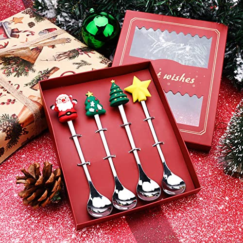 4-Piece Stainless Steel Christmas Spoon Set - Coffee, Tea, Dessert & Drink Mixing Spoons for Christmas Tableware (Silver)