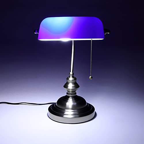 MOLOURK Retro Grün Bankerlampe mit Zugschalter, Vintage Schreibtischlampe, Banker Tischlampe Büro, Ø23cm Green Glasschirm, Bürolampe Nachttischlampe, Messing Finish, H36cm, E27 MAX40W (blau)