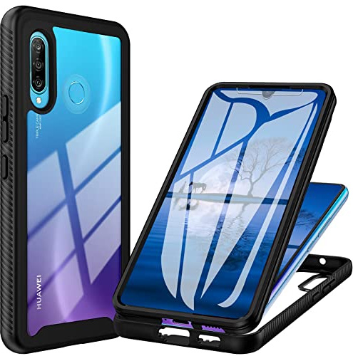 Yutwo Hülle Kompatibel mit Huawei P30 Lite, 360 Grad Stoßfest Schutzhülle Rundumschutz Cover Case mit Eingebautem Displayschutz Robust Durchsichtig Handyhülle für Huawei P30 Lite - Schwarz