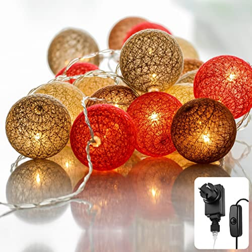 CozyHome Marron guirlande lumineus boule coton - 20 LED & 6m I Avec fiche I Guirlandes lumineuses chambre Fairy lights intérieur I Led decoration Girlande interieur Fil lumineux d'intérieur
