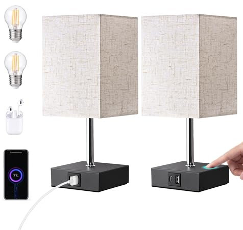 EDISHINE Lámpara de Noche LED Regulable Táctil 2 Lámparas de Mesa Lámpara Moderna 2 USB Puertos para Dormitorio Salón Alféizar de Ventana Pantalla de Lino de Regalo