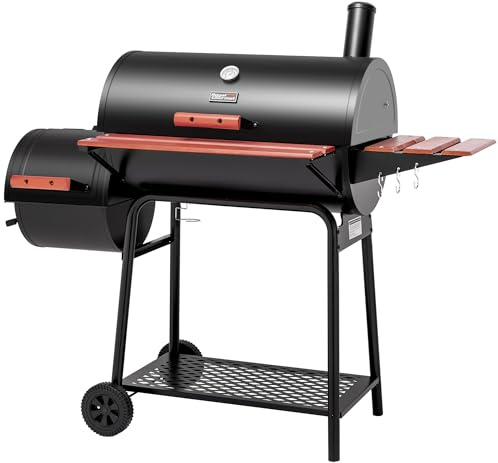Royal Gourmet CC1830W 76 cm kolgrill med offsetrökare och trämålat sidobord, utomhusrökgrill med 811 kvm. In. Matlagningsområde för utomhusgrillevenemang, svart