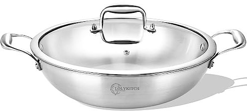 LOLYKITCH 30,5 cm dreilagige Edelstahl-Wokpfanne mit Deckel, Kadai, 5 QT Induktionskochtopf, spülmaschinen- und ofenfest