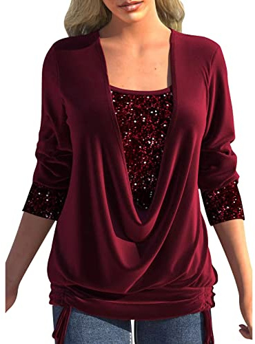 Tunika Damen Elegant Pailletten Oberteil Festliche Bluse 3/4 Arm Tunika Lässig Rundhals Glitzer Oberteile Langarmshirt