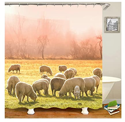 Gualiy Duschvorhang Polyester Waschbar, Duschvorhänge Gras und Schafe Duschvorhang Antischimmel Waschbar Bunt Bad Vorhang 150x200cm