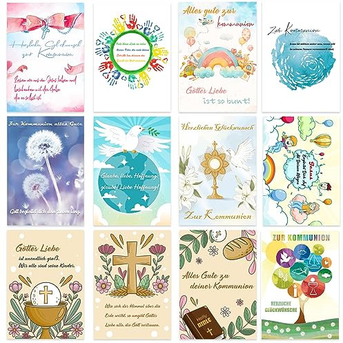 HUNCEY Kommunionskarte Set 12 Kommunionskarten Glückwunschkarte 12 X 17 cm Kommunions Folding Cards Communions Karte zur Mädchen & Jungen Erstkommunion