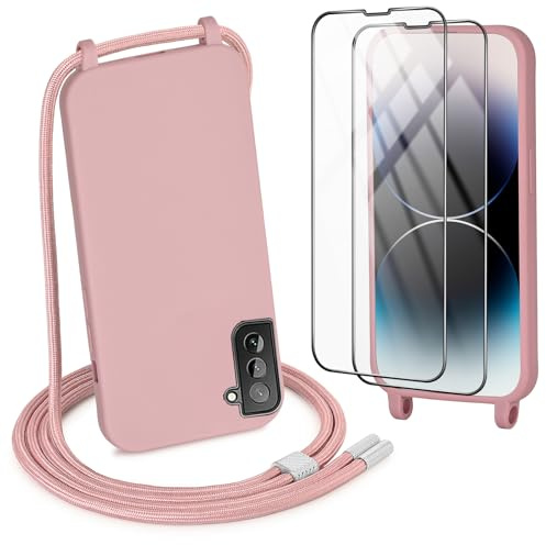 DiDaDi Handykette kompatibel mit Samsung Galaxy S21 Hülle, Handyband Necklace Hülle mit Band Handyhülle für zum Umhängen Silikon Case mit Schnur Schutzfolie in Dunkelrosa Gold