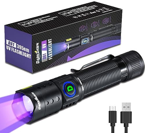 DARKDAWN UV Flashlight 395nm Black Light Mini USB Rechargeable Ultraviolet LED Blacklight Woods Lamp for Pet Urine Stains, Scorpion Detection, and Resin Curing