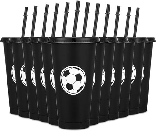 Domensi 12 Pcs Sport Soccer Plastic Cups with Lid and Straw 24 oz Reusable Plastic Cups Coffee Tumblers Gift for Fan Friend Guest Birthday Office Sport Party Supplies